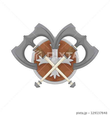 Illustration of Round shield with crossed axe  129137648
