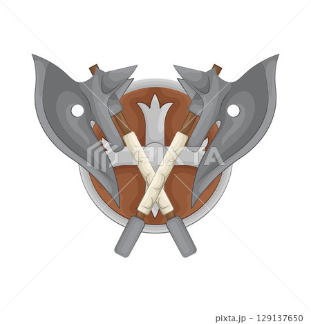 Illustration of Round shield with crossed axe Illustration of Round shield with crossed axe 129137650