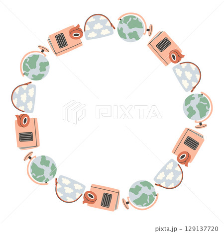 Simple school circle frame. Round school themed border made of different school objects. Soft pastel colors back to school hand drawn vector banner isolated on white background. Simple school circle frame. Round school themed border made of different school objects. Soft pastel colors back to school hand drawn vector banner isolated on white background. 129137720