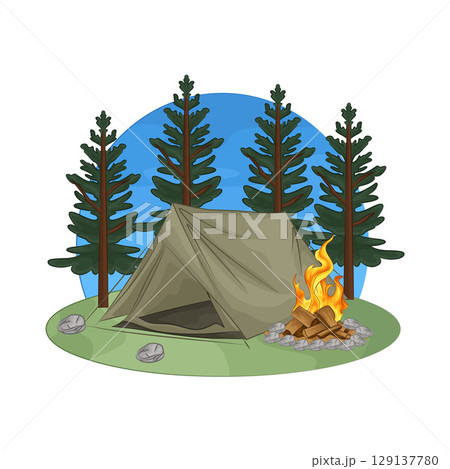 Illustration of Bonfire near the tent 129137780