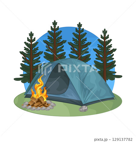 Illustration of Bonfire near the tent 129137782