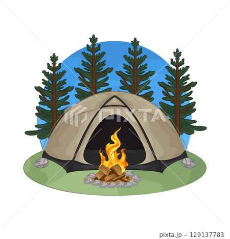 Illustration of Bonfire near the tent 129137783