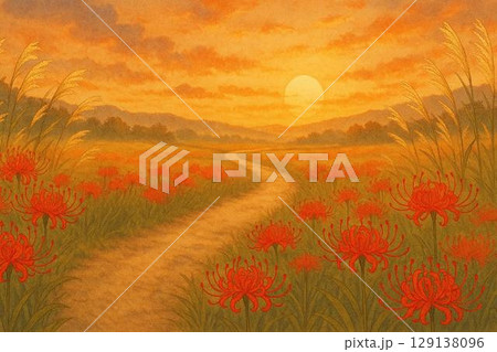 夕陽と彼岸花の小径 129138096