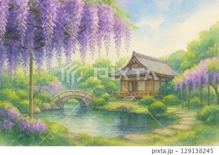 紫藤棚と日本庭園 – Wisteria Trellis and Japanese Garden 129138245