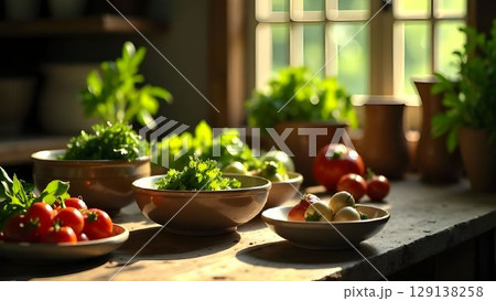 Fresh vegetables and herbs arranged on a rustic table in a sunlit kitchen setting Fresh vegetables and herbs arranged on a rustic table in a sunlit kitchen setting 129138258