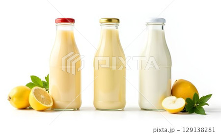 Bottles of assorted beverages with fresh lemons and apples arranged on a white background 129138281