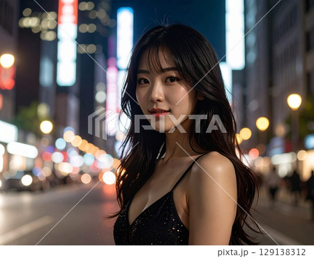 夜景を背景にした美しい日本人女性 129138312
