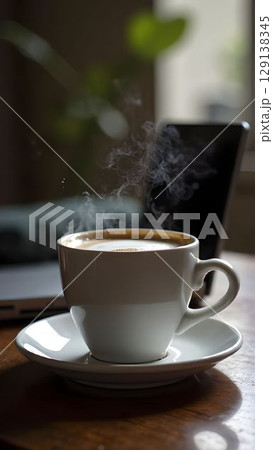 Beige White Cup And Saucer On Desk With Cappuccino In Office 129138345