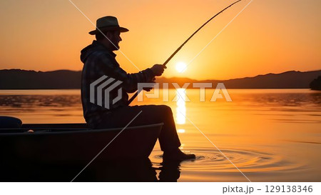 Fisherman fishing with fishing rod nets in boat at sunset 129138346