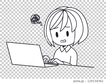 パソコンを使って困っている女性のイラストの線画 129138362