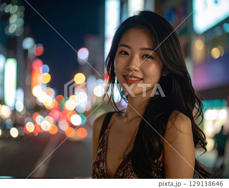 夜の街の中で笑顔の黒髪女性 129138646