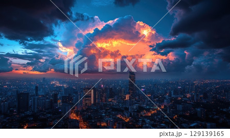 A city skyline is lit up at night with a large orange cloud in the sky 129139165