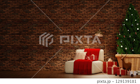 Cozy Christmas Corner with Brick Wall and Festive Decor 3D Render Cozy Christmas Corner with Brick Wall and Festive Decor 3D Render 129139181