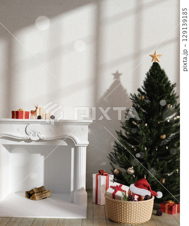 Elegant Holiday Scene with Fireplace and Gifts 3D Render 129139185