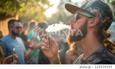 Bearded male in sunglasses vaping electronic cigarette, releasing vapor cloud amid summer music festival crowd 129139193