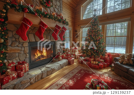 A cozy living room with a fireplace and a Christmas tree 129139237