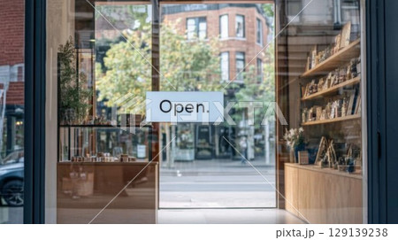Sunlight illuminates shelves filled with various products inside a contemporary boutique, with an open sign welcoming customers during business hours 129139238