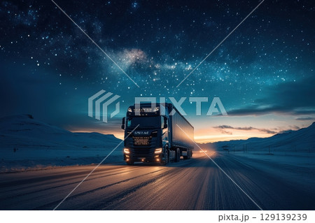 A large semi truck is driving down a road at night 129139239