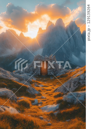 A mountain range with a small cabin in the middle 129139264