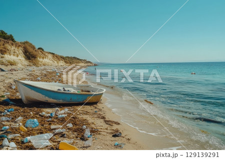 A boat is sitting on the beach next to a body of water 129139291