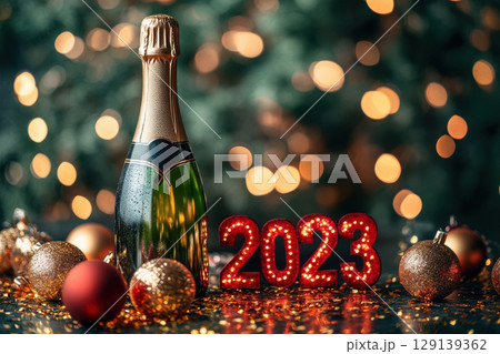 A bottle of champagne is on a table next to a red 129139362