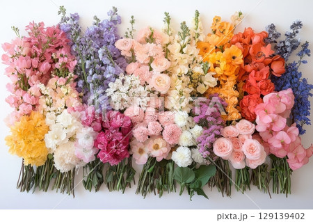 A row of flowers with a variety of colors, including pink, white, and blue A row of flowers with a variety of colors, including pink, white, and blue 129139402