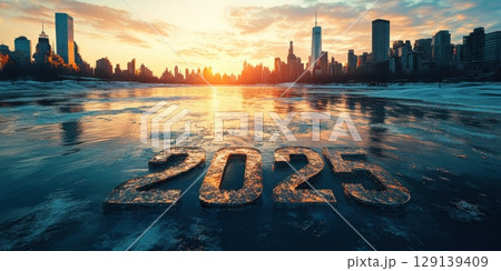 A city skyline with a large body of water in the background 129139409