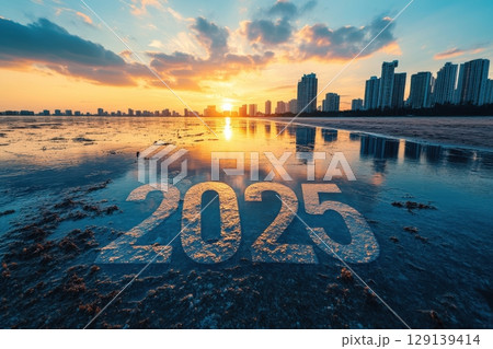 A city skyline with a large body of water in the background A city skyline with a large body of water in the background 129139414