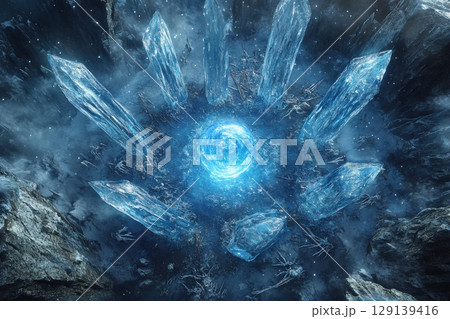 A blue sky with a large blue crystal in the center 129139416