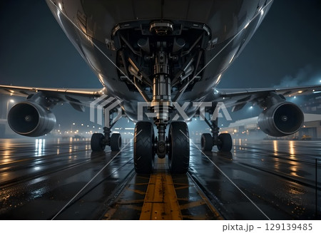 Dramatic Night Landing of Airplane on Wet Tarmac 129139485