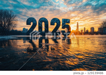 The year 2025 is written in large letters on a body of water The year 2025 is written in large letters on a body of water 129139486