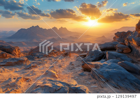 A beautiful sunset over a rocky desert landscape 129139497