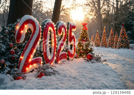 A sign with the number 25 and the letters "2025" is lit up in red and white 129139498