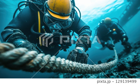 Three people are underwater, working on a pipe 129139499