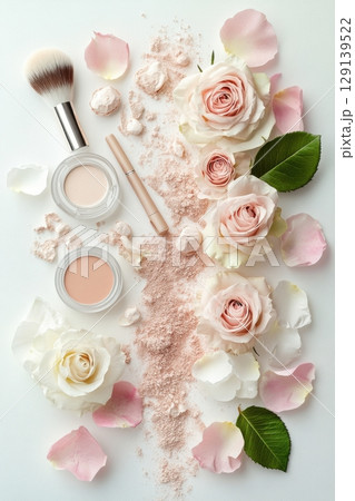 A makeup brush and powder sit on a table next to a bunch of pink flowers A makeup brush and powder sit on a table next to a bunch of pink flowers 129139522