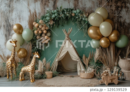 A giraffe and a tent are on a green background 129139529