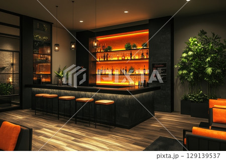 A bar with a green plant in a pot on the right A bar with a green plant in a pot on the right 129139537
