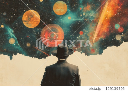 A man in a hat is looking up at a colorful sky with planets and stars 129139593