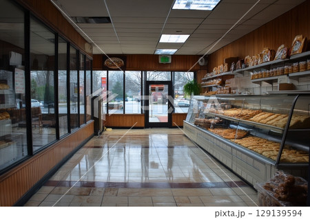 A bakery with a large display case and a counter 129139594