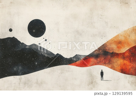 A painting of a man standing in a desert with mountains in the background 129139595