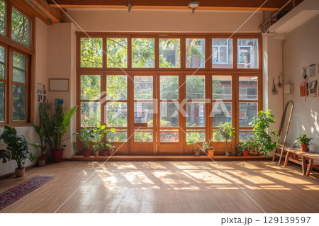A large room with a lot of windows and plants 129139597