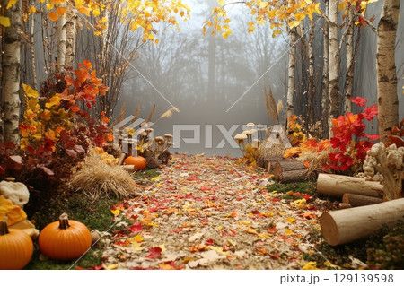 A path through a forest with autumn leaves and pumpkins 129139598