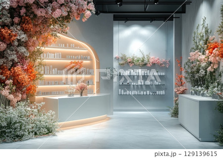 A white room with a pink archway and pink flowers A white room with a pink archway and pink flowers 129139615