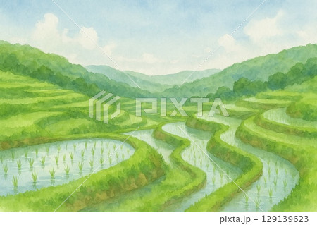 棚田と水張りの田植え – Terraced Rice Fields in Planting Seas 129139623