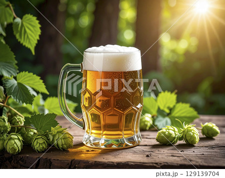 ビールとホップ　AI生成画像　 129139704