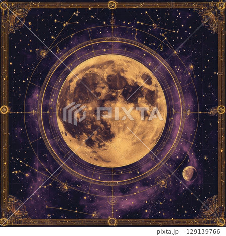 A large, round moon is surrounded by stars and a star map 129139766