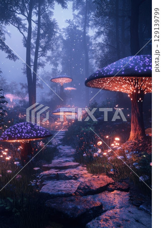 A forest scene with three glowing blue mushrooms and a glowing tree 129139799