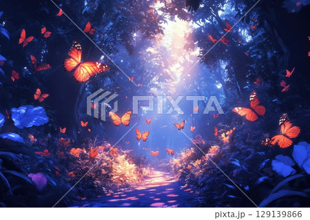 A forest with a path and butterflies flying around A forest with a path and butterflies flying around 129139866