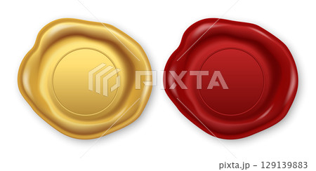 Vector 3d Realistic Wax Seal Set, Isolated. Red, Gold Vintage Wax Stamp. Antique Sealing Wax Emblem. Retro Envelope Closure. Classic Heraldic Insignia. Wax Badge for Invitation, Certificate 129139883