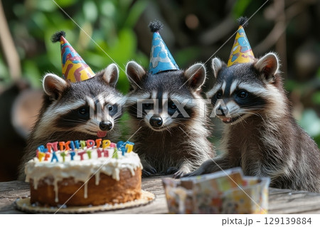 Three raccoons are sitting on a table with a birthday cake in front of them 129139884